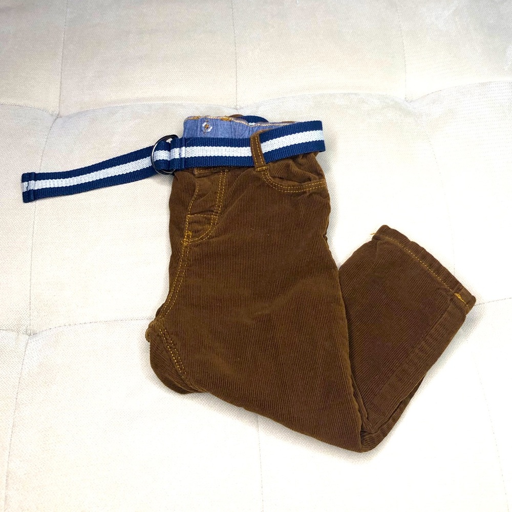 H&M Brown Corduroy Button Snap Enclosure Pants w/ Blue/White Belt (Size 18M -2T)